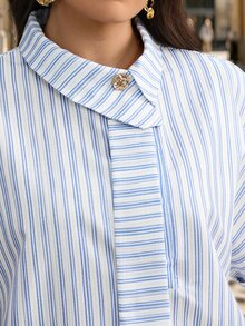 Velvienne French Elegant Formal Blue And White Striped Plus Size Shirt - Blue - View 6