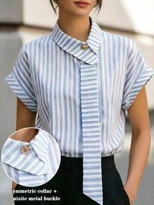 Velvienne French Elegant Formal Blue And White Striped Plus Size Shirt - Blue - View 1