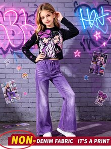 SHEIN ChillGRL 大女孩青少年女孩 2 件套 秋季造型：人物圖案小立領荷葉邊上衣 + 紫色破洞牛仔印花喇叭褲 - 紫色 - 查看 3