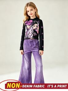 SHEIN ChillGRL 大女孩青少年女孩 2 件套 秋季造型：人物圖案小立領荷葉邊上衣 + 紫色破洞牛仔印花喇叭褲 - 紫色 - 查看 4
