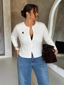 Firerie Cardigan Wanita Ukuran Besar Motif Berkuda Kasual Tradisional Serbaguna untuk Pakaian Sehari-hari, Kantor Formal, Warna Putih, Musim Gugur/Musim Dingin - Putih - View 9