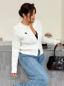 Firerie Cardigan Wanita Ukuran Besar Motif Berkuda Kasual Tradisional Serbaguna untuk Pakaian Sehari-hari, Kantor Formal, Warna Putih, Musim Gugur/Musim Dingin - Putih - View 5