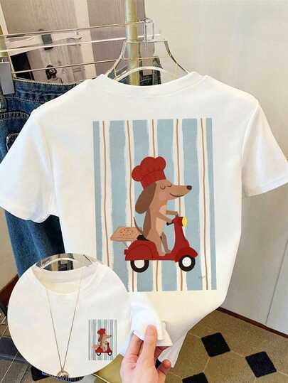 Resyla Camiseta casual de uso diario para mujer con cuello redondo, manga corta, corte holgado y estampado gráfico lindo de un perro salchicha chef en scooter entregando pizza