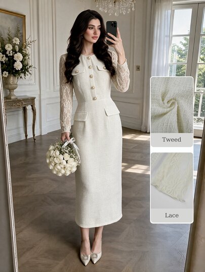 Modelyn Women Tweed Lace Patchwork Midi Dress Long Sleeve Pearl Button Elegant Peplum Fitted Fall Quiet Luxury Office Wedding Guest Modest Formal Bodycon