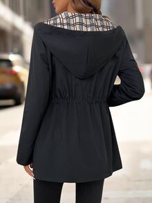 Editum Women's Solid Color Drawstring Hooded Casual Minimalist Daily Everyday Travel Long Sleeve Jacket Road Trip Everyday Black Plaid Plaid Autumn - Black - View 2