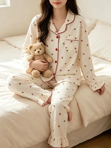 甜美風櫻桃印花女款與青少年睡衣套裝，長袖開襟衫與長褲2件套，休閒舒適居家服 - 杏色 - 查看 2