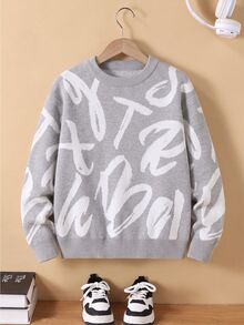 Boys' Autumn/Winter Fashion Pattern Letter Jacquard Knit Sweater Long Sleeve Base Layer School Grey Graphic Casual Pullover - Light Grey - View 3