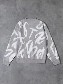 Boys' Autumn/Winter Fashion Pattern Letter Jacquard Knit Sweater Long Sleeve Base Layer School Grey Graphic Casual Pullover - Light Grey - View 2