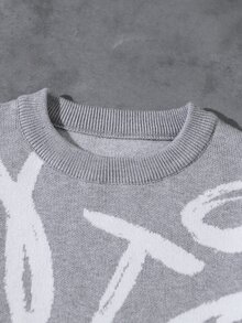 Boys' Autumn/Winter Fashion Pattern Letter Jacquard Knit Sweater Long Sleeve Base Layer School Grey Graphic Casual Pullover - Light Grey - View 9
