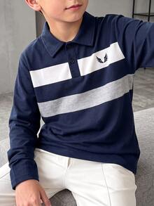 SHEIN 男童春秋時尚休閒學院風正裝長袖 Polo 衫，海軍藍/白色/灰色拼色領上衣，學生內搭層，校服穿搭 - 藏蓝色 - 查看 2