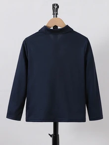 SHEIN 男童春秋時尚休閒學院風正裝長袖 Polo 衫，海軍藍/白色/灰色拼色領上衣，學生內搭層，校服穿搭 - 藏蓝色 - 查看 3