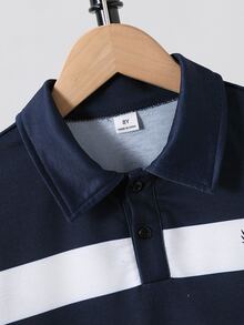 SHEIN 男童春秋時尚休閒學院風正裝長袖 Polo 衫，海軍藍/白色/灰色拼色領上衣，學生內搭層，校服穿搭 - 藏蓝色 - 查看 5