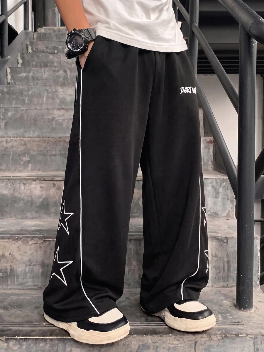 SHEIN Teen Boys Casual Streetwear Baggy Sports Style Letter Webbing Split Design Patchwork Straight Leg Pants Cycling Black Autumn - Black - View 1