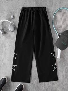 SHEIN Teen Boys Casual Streetwear Baggy Sports Style Letter Webbing Split Design Patchwork Straight Leg Pants Cycling Black Autumn - Black - View 2