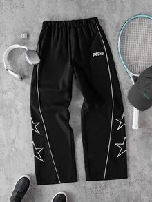 SHEIN Teen Boys Casual Streetwear Baggy Sports Style Letter Webbing Split Design Patchwork Straight Leg Pants Cycling Black Autumn - Black - View 4