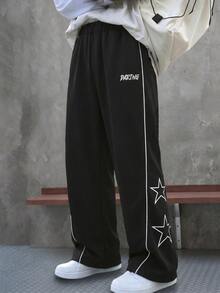 SHEIN Teen Boys Casual Streetwear Baggy Sports Style Letter Webbing Split Design Patchwork Straight Leg Pants Cycling Black Autumn - Black - View 3