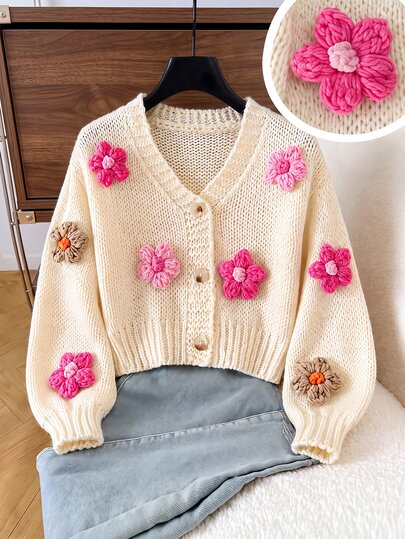 SHEIN Kız Çocuk Gökkuşağı Prenses Bebek Bebek Bebek 3D Çiçekli Fener Kol Uzun Kollu Kısa Bol Örme Hırka, Okul, Oyun, Parti ve Kreş İçin Uygun, Sonbahar