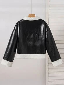 SHEIN 女童圖案仿麂皮抓絨複合面料夾克，皮革飾邊，復古可愛經典寬鬆版型，校園學生款，黑白冬季社團風 - 黑色 - 查看 10