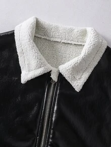 SHEIN 女童圖案仿麂皮抓絨複合面料夾克，皮革飾邊，復古可愛經典寬鬆版型，校園學生款，黑白冬季社團風 - 黑色 - 查看 5