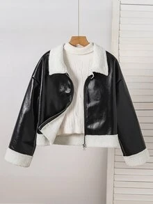 SHEIN 女童圖案仿麂皮抓絨複合面料夾克，皮革飾邊，復古可愛經典寬鬆版型，校園學生款，黑白冬季社團風 - 黑色 - 查看 8