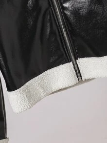 SHEIN 女童圖案仿麂皮抓絨複合面料夾克，皮革飾邊，復古可愛經典寬鬆版型，校園學生款，黑白冬季社團風 - 黑色 - 查看 7