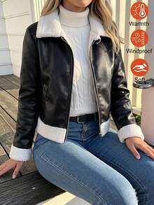 SHEIN 女童圖案仿麂皮抓絨複合面料夾克，皮革飾邊，復古可愛經典寬鬆版型，校園學生款，黑白冬季社團風 - 黑色 - 查看 2