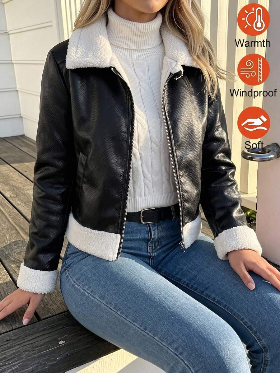 SHEIN 女童圖案仿麂皮抓絨複合面料夾克，皮革飾邊，復古可愛經典寬鬆版型，校園學生款，黑白冬季社團風
