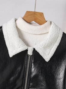 SHEIN 女童圖案仿麂皮抓絨複合面料夾克，皮革飾邊，復古可愛經典寬鬆版型，校園學生款，黑白冬季社團風 - 黑色 - 查看 4