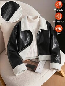 SHEIN 女童圖案仿麂皮抓絨複合面料夾克，皮革飾邊，復古可愛經典寬鬆版型，校園學生款，黑白冬季社團風 - 黑色 - 查看 3
