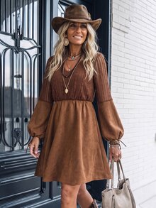Breezaya Women's Solid Color Pleated Casual Party Short Dress - Brown - View 3