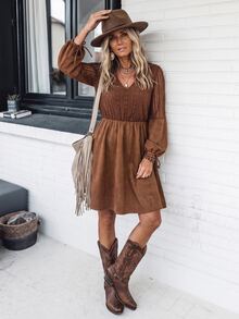 Breezaya Women's Solid Color Pleated Casual Party Short Dress - Brown - View 4