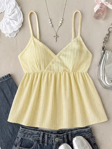 SHEIN Kids Teen Girls Spaghetti Strap Tank Top Spring Summer New Casual Cute Vacation V-Neck Camisole Top For Spring/Summer, 1 Random Piece From 3 Designs - Yellow - View 4