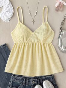 SHEIN Kids Teen Girls Spaghetti Strap Tank Top Spring Summer New Casual Cute Vacation V-Neck Camisole Top For Spring/Summer, 1 Random Piece From 3 Designs - Yellow - View 2