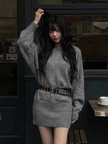 DAZY Women's Vintage Fashion Long Sleeve Sweater Dress For Daily Wear Fall - Grey - View 5