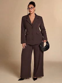 SHEIN BAE CURVE طقم جاكيت وبنطلون باللون العنابي للنساء مقاس كبير - قهوة بني - مشاهدة 3