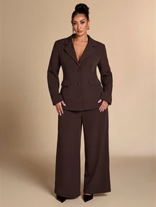 SHEIN BAE CURVE طقم جاكيت وبنطلون باللون العنابي للنساء مقاس كبير - قهوة بني - مشاهدة 4