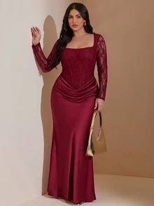 SHEIN BAE CURVE 大尺碼女款長袖蕾絲洋裝，優雅秋冬派對洋裝 - 酒紅色 - 查看 7