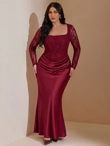 SHEIN BAE CURVE 大尺碼女款長袖蕾絲洋裝，優雅秋冬派對洋裝 - 酒紅色 - 查看 6