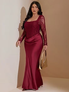 SHEIN BAE CURVE 大尺碼女款長袖蕾絲洋裝，優雅秋冬派對洋裝 - 酒紅色 - 查看 5