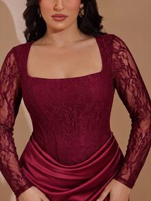 SHEIN BAE CURVE 大尺碼女款長袖蕾絲洋裝，優雅秋冬派對洋裝 - 酒紅色 - 查看 3