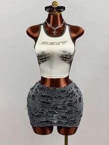 Mistrie 2pcs Y2K Dark Punk Two Pieces Set Skeleton Graphic Sleeveless Crop Vest Distressed Hollow Mini Skirt Club Party OutfitGothic Skeleton Print Crop Tank To - Grey - View 4