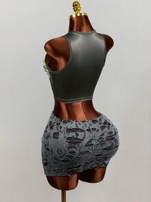 Mistrie 2pcs Y2K Dark Punk Two Pieces Set Skeleton Graphic Sleeveless Crop Vest Distressed Hollow Mini Skirt Club Party OutfitGothic Skeleton Print Crop Tank To - Grey - View 2