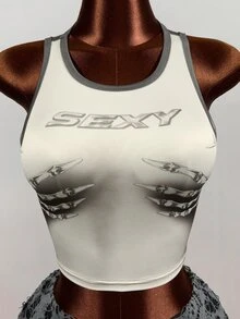 Mistrie 2pcs Y2K Dark Punk Two Pieces Set Skeleton Graphic Sleeveless Crop Vest Distressed Hollow Mini Skirt Club Party OutfitGothic Skeleton Print Crop Tank To - Grey - View 3