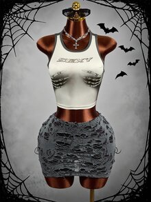 Mistrie 2pcs Y2K Dark Punk Two Pieces Set Skeleton Graphic Sleeveless Crop Vest Distressed Hollow Mini Skirt Club Party OutfitGothic Skeleton Print Crop Tank To - Grey - View 1