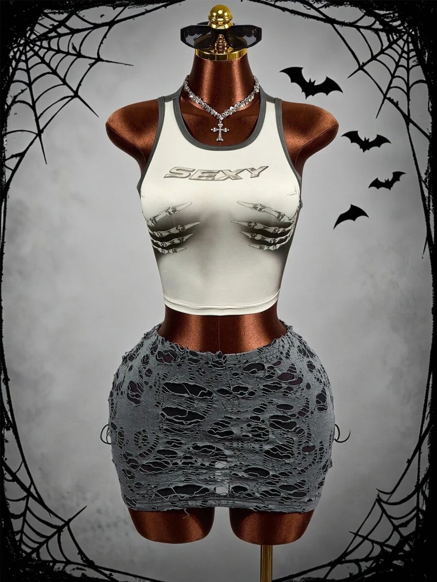 Mistrie 2pcs Y2K Dark Punk Two Pieces Set Skeleton Graphic Sleeveless Crop Vest Distressed Hollow Mini Skirt Club Party OutfitGothic Skeleton Print Crop Tank To - Grey - View 1