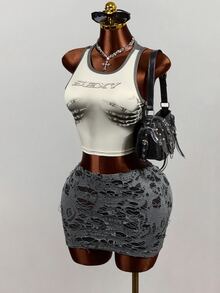 Mistrie 2pcs Y2K Dark Punk Two Pieces Set Skeleton Graphic Sleeveless Crop Vest Distressed Hollow Mini Skirt Club Party OutfitGothic Skeleton Print Crop Tank To - Grey - View 8