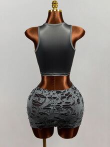 Mistrie 2pcs Y2K Dark Punk Two Pieces Set Skeleton Graphic Sleeveless Crop Vest Distressed Hollow Mini Skirt Club Party OutfitGothic Skeleton Print Crop Tank To - Grey - View 5