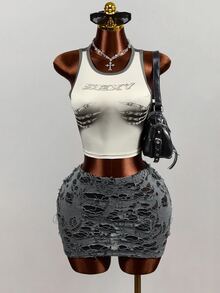 Mistrie 2pcs Y2K Dark Punk Two Pieces Set Skeleton Graphic Sleeveless Crop Vest Distressed Hollow Mini Skirt Club Party OutfitGothic Skeleton Print Crop Tank To - Grey - View 7