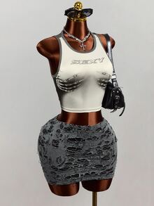 Mistrie 2pcs Y2K Dark Punk Two Pieces Set Skeleton Graphic Sleeveless Crop Vest Distressed Hollow Mini Skirt Club Party OutfitGothic Skeleton Print Crop Tank To - Grey - View 6