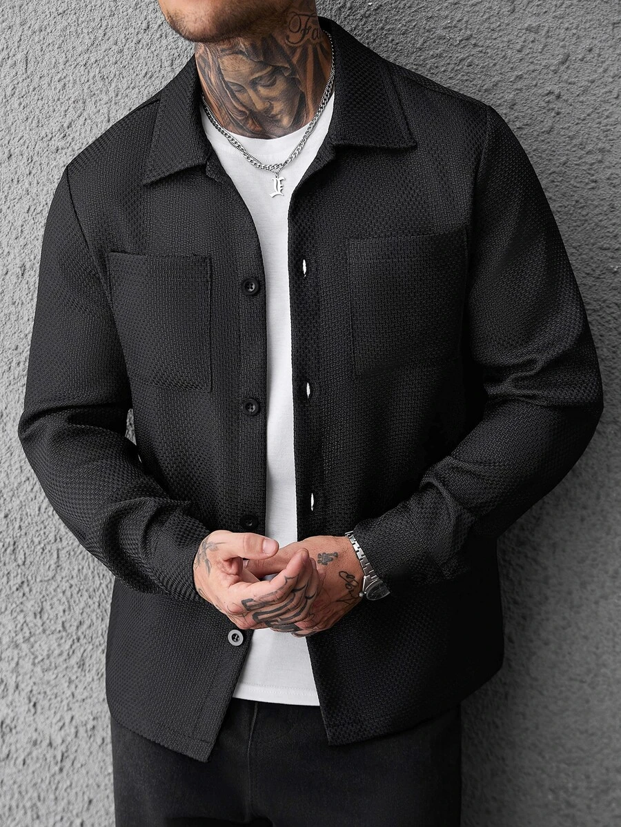 SLATEMANN Men's Long Sleeve Jacquard Shacket - Black - View 1